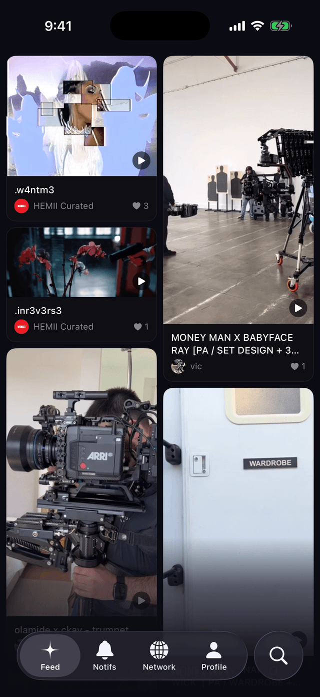 HEMII feed showing creator portfolios